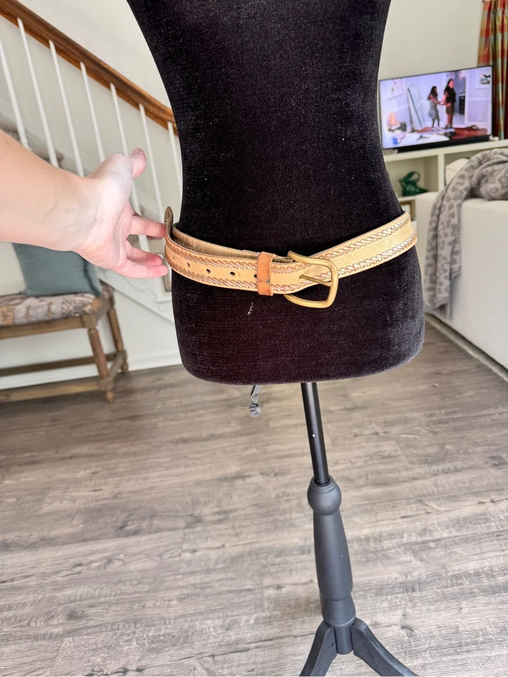Nine West Tan Braided Leather Belt with Brass Buckle